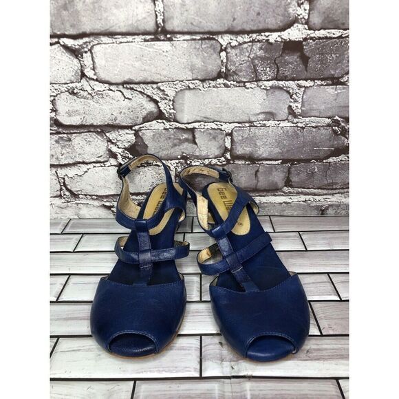 Anthropologie Gee Wawa Blue Leather Peep Toe Heel Strap Sandals Women Sz 10M US - Picture 2 of 16